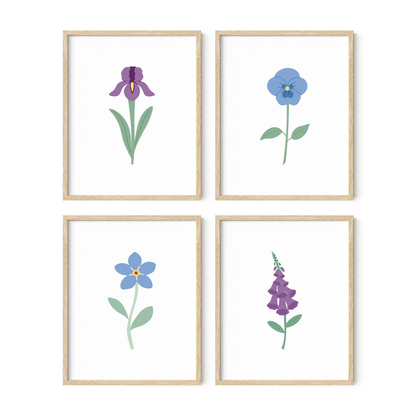 Blue and Purple Floral Art Prints (Set of 4)