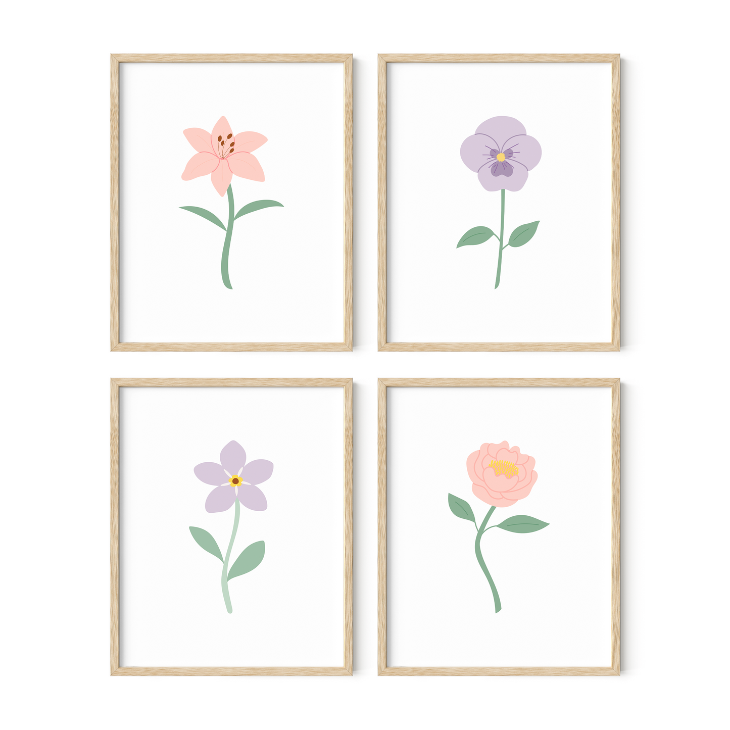 Light Pink and Purple Floral Art Prints (Set of 4)
