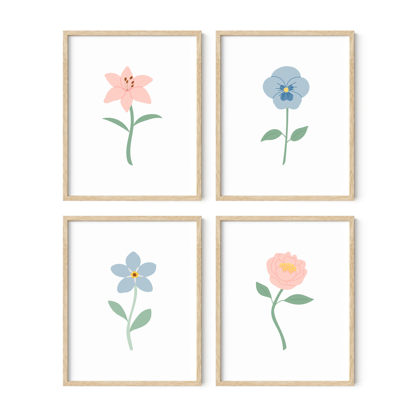 Light Blue and Pink Floral Art Prints (Set of 4)