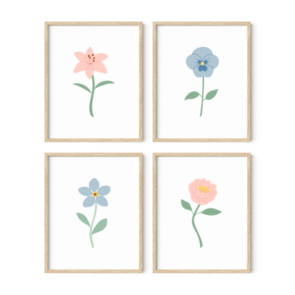 Light Blue and Pink Floral Art Prints (Set of 4)