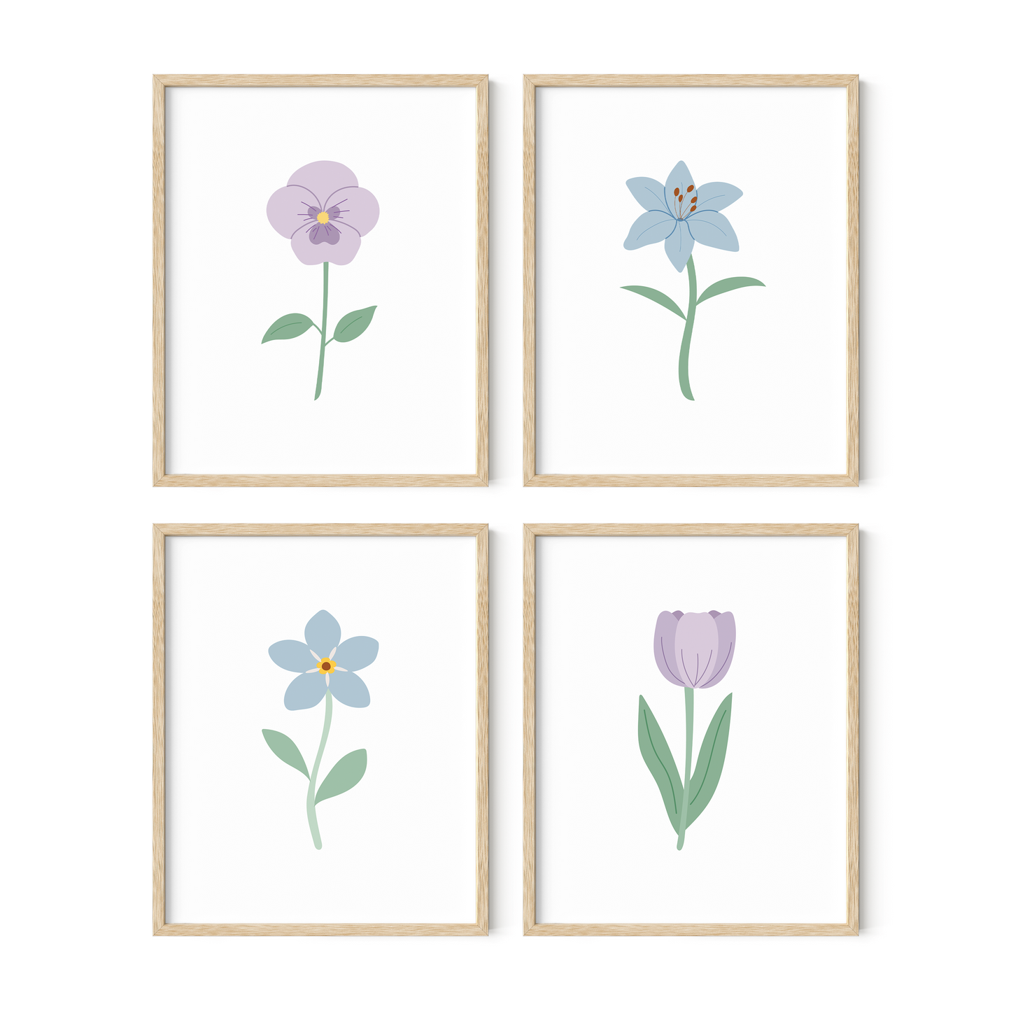 Light Purple and Blue Floral Art Prints (Set of 4)