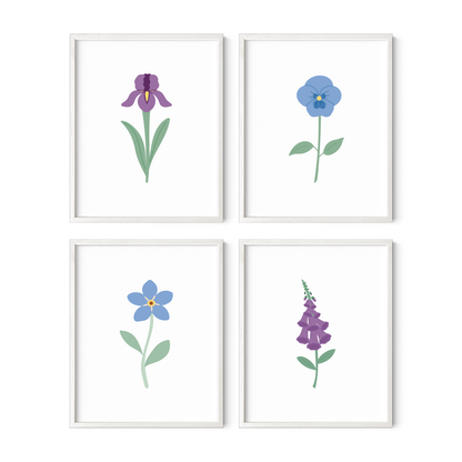 Blue and Purple Floral Art Prints (Set of 4)