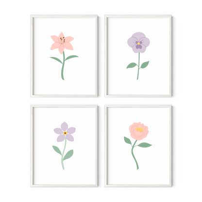 Light Pink and Purple Floral Art Prints (Set of 4)