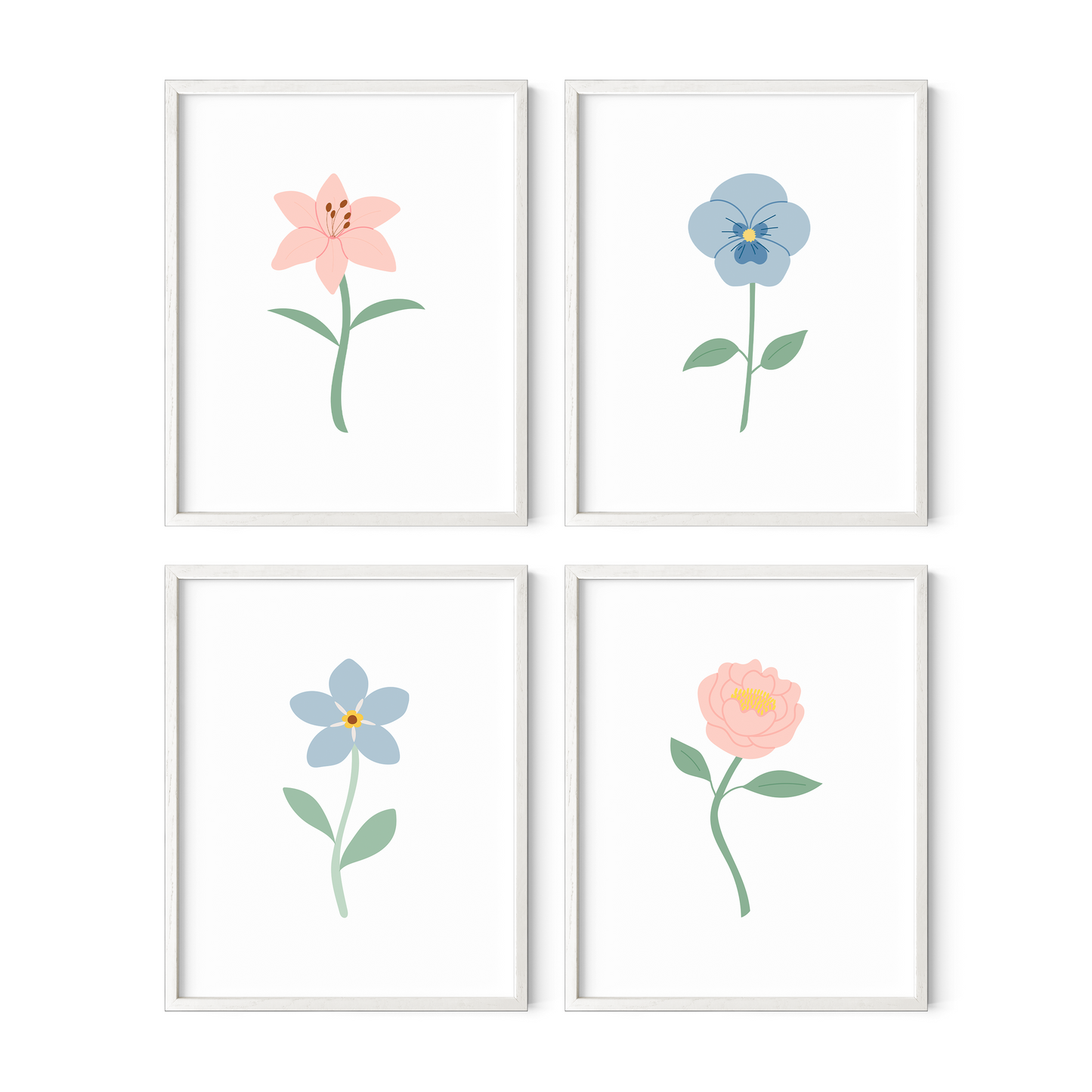 Light Blue and Pink Floral Art Prints (Set of 4)