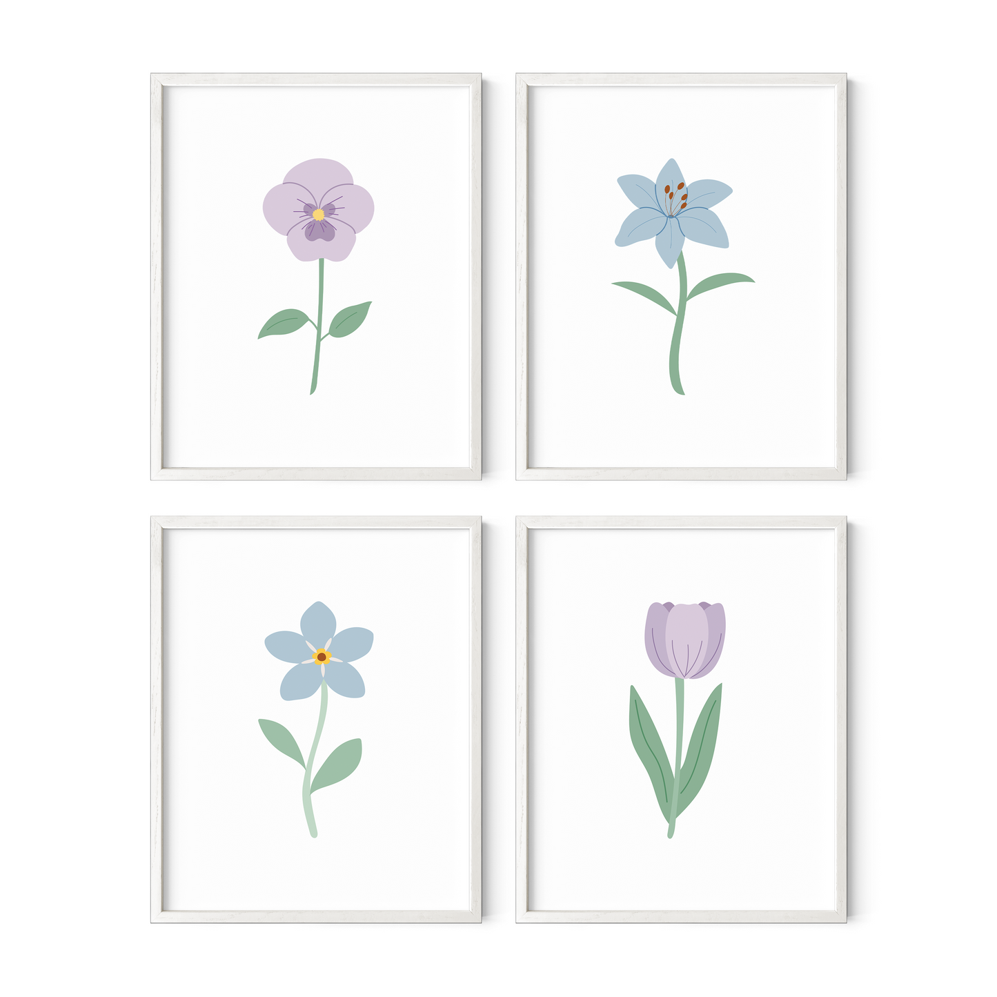 Light Purple and Blue Floral Art Prints (Set of 4)