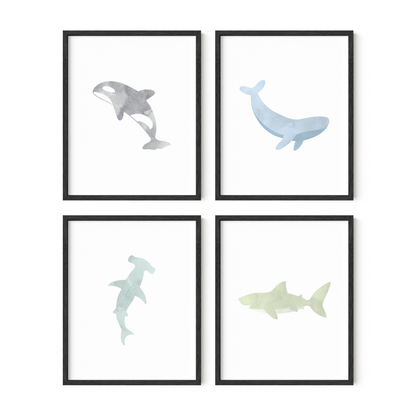 Watercolor Ocean Animal Art Prints (Set of 4)