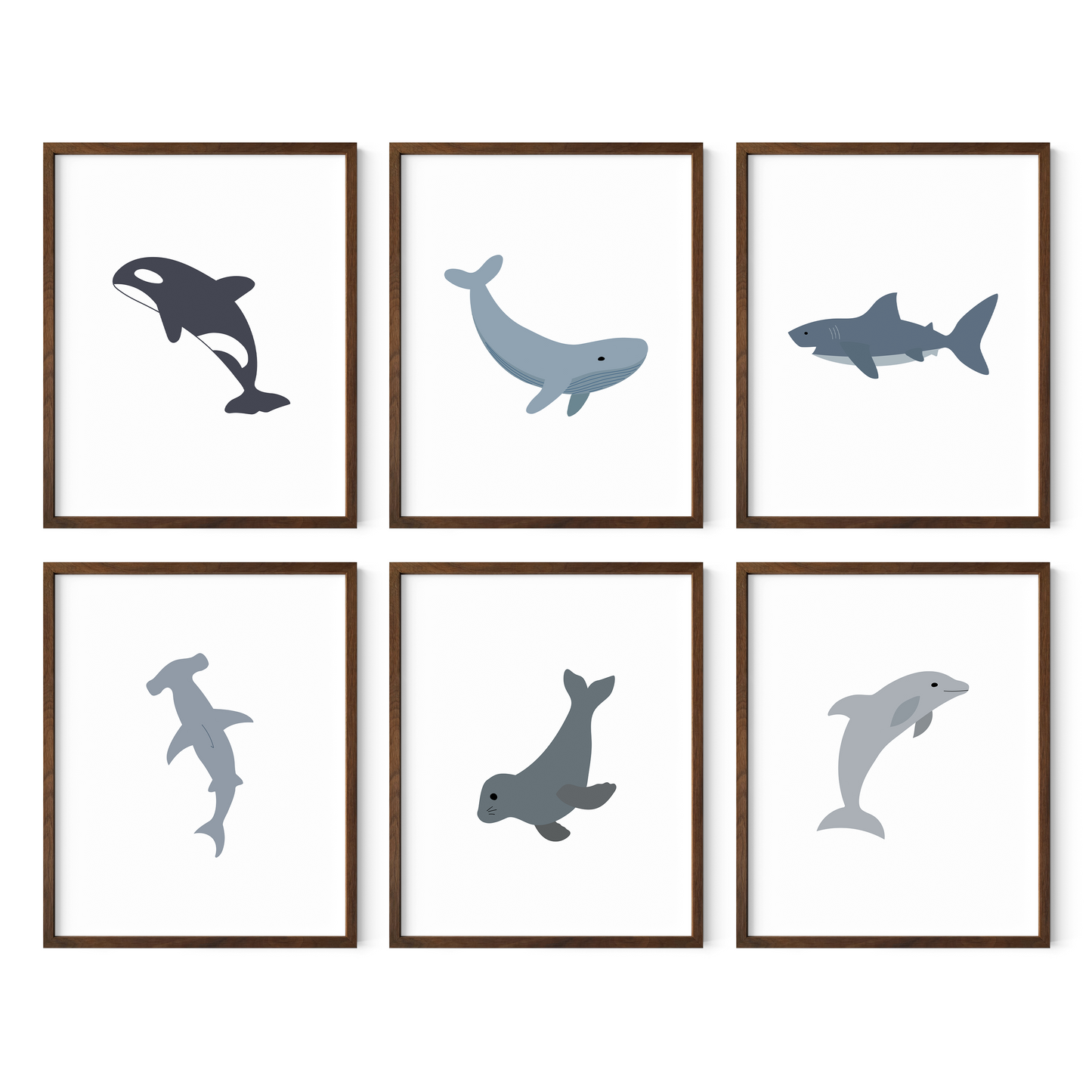 Blue and gray ocean animal art prints in walnut wood frames