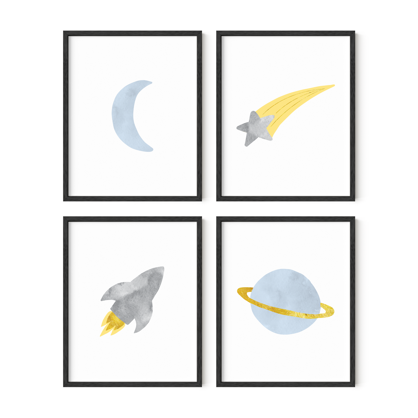 Blue and gray outer space art in black frames set of four