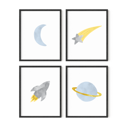 Blue and gray outer space art in black frames set of four