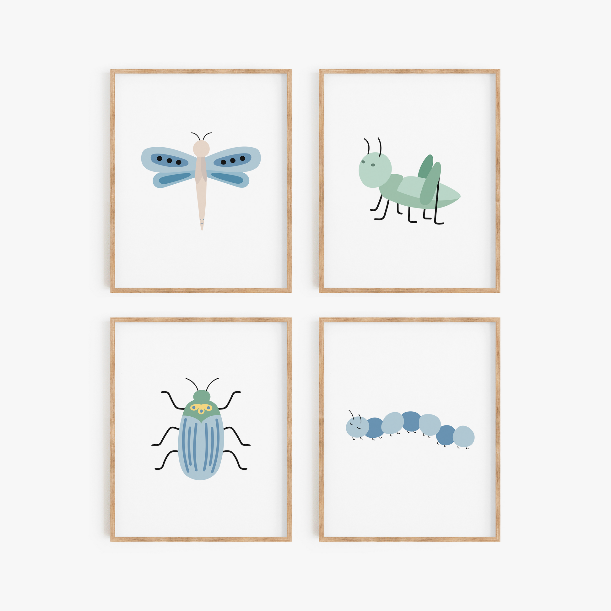 Blue and green insect art set of 4