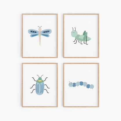 Blue and green insect art set of 4