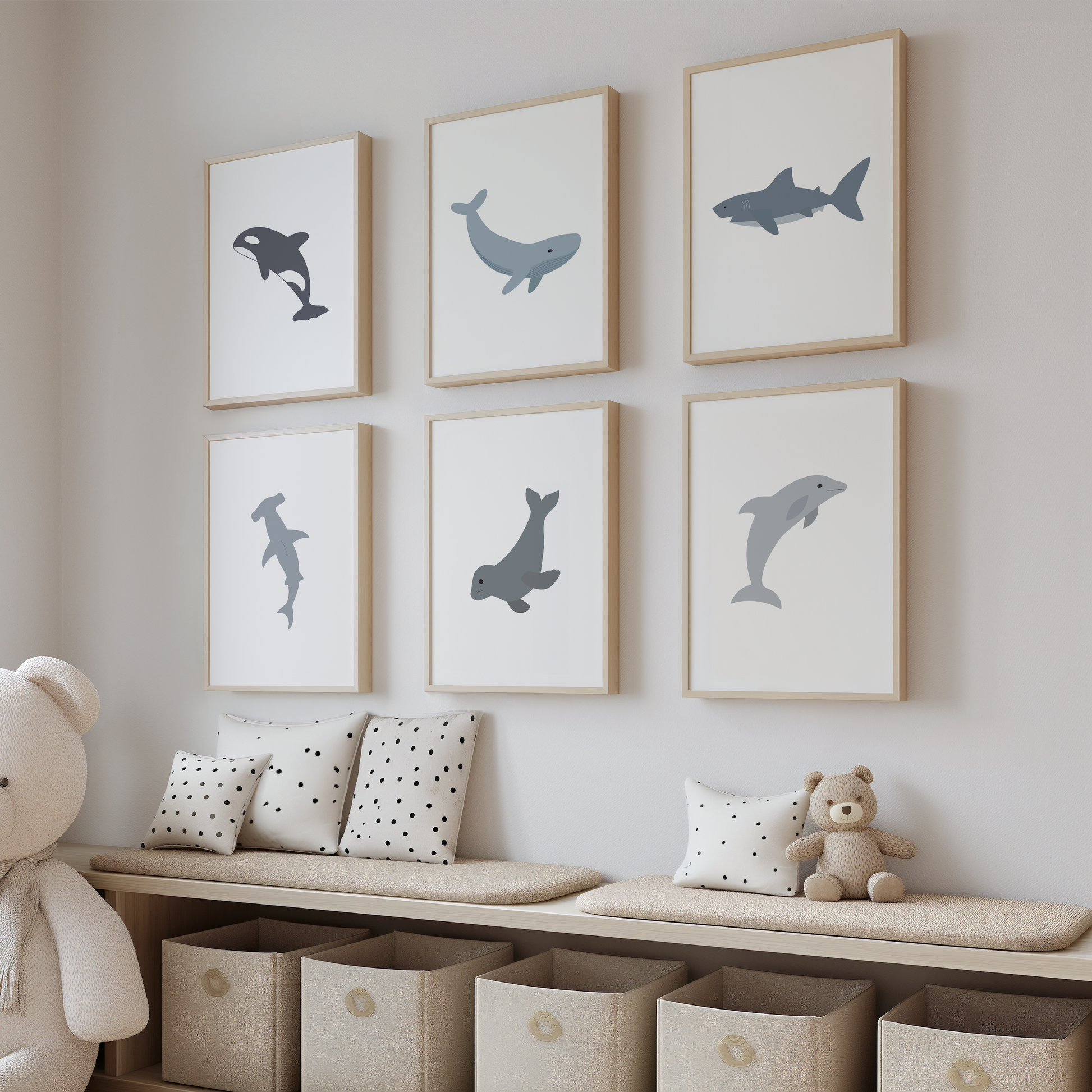 Blue gray ocean animal artwork in childrens room