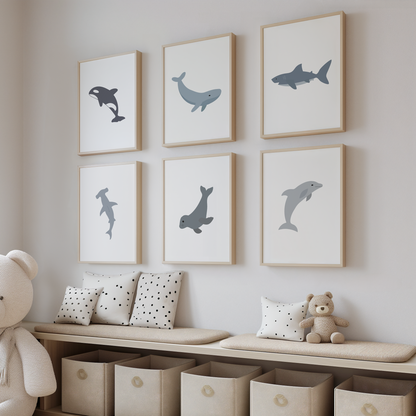 Blue gray ocean animal artwork in childrens room
