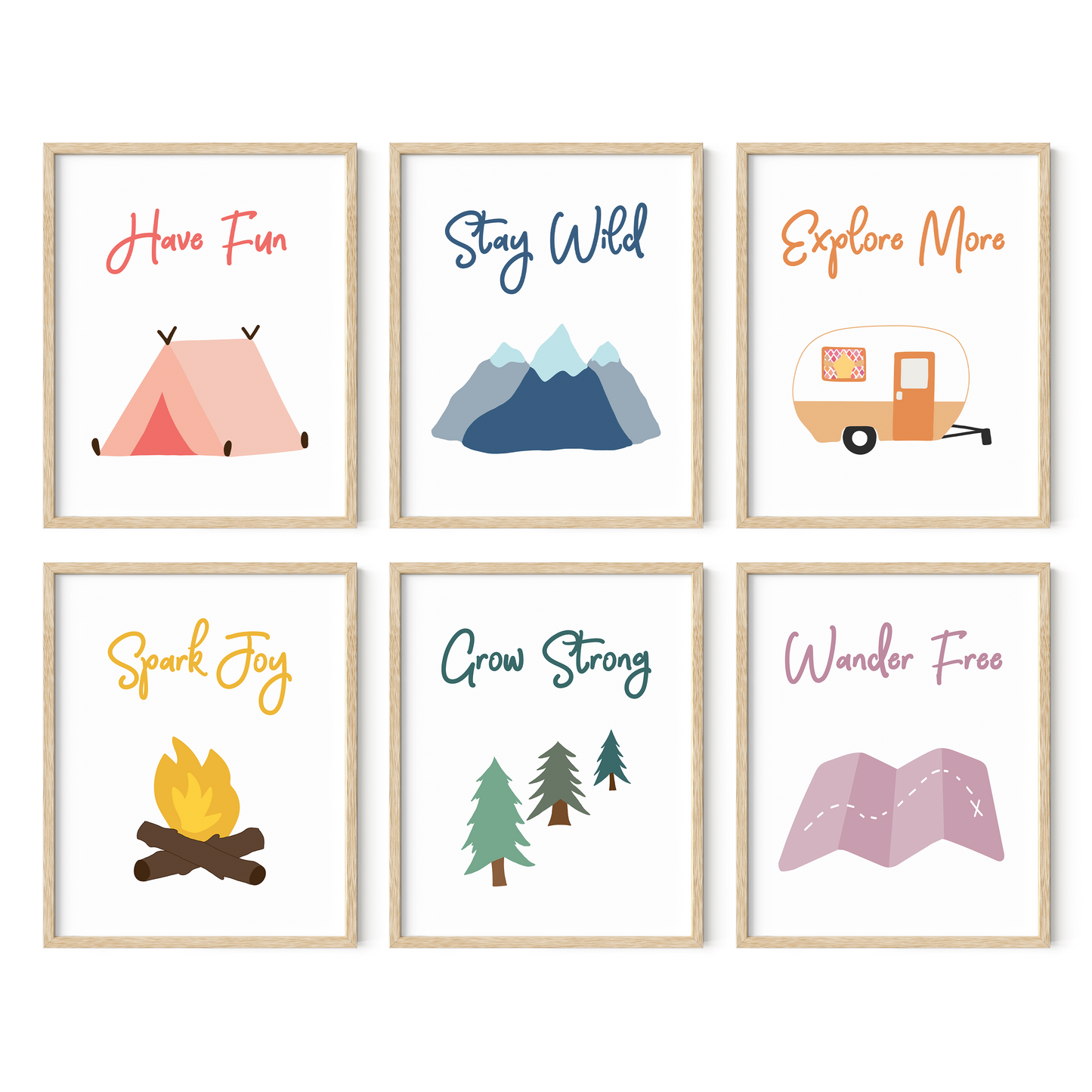 Set of six camping nursery art prints in light wood frames