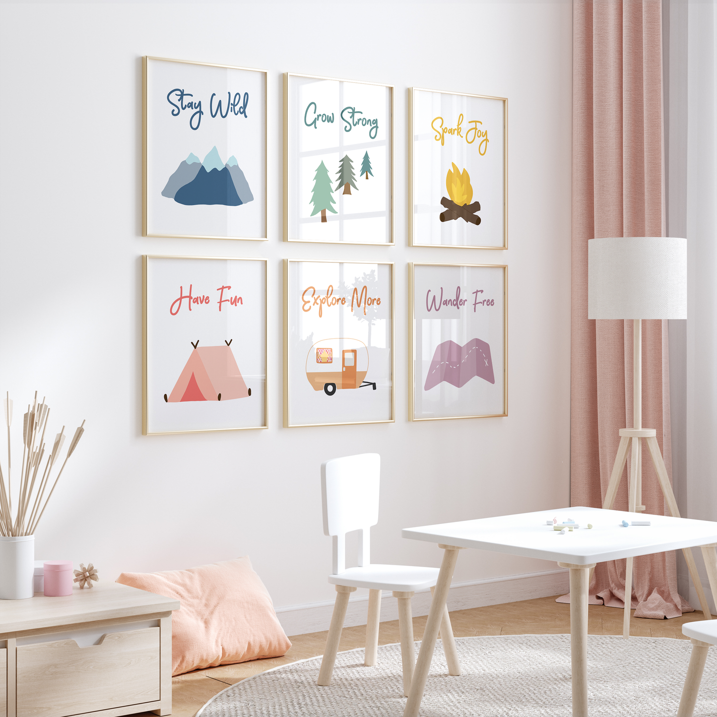 Camping theme gallery wall in little girl's room