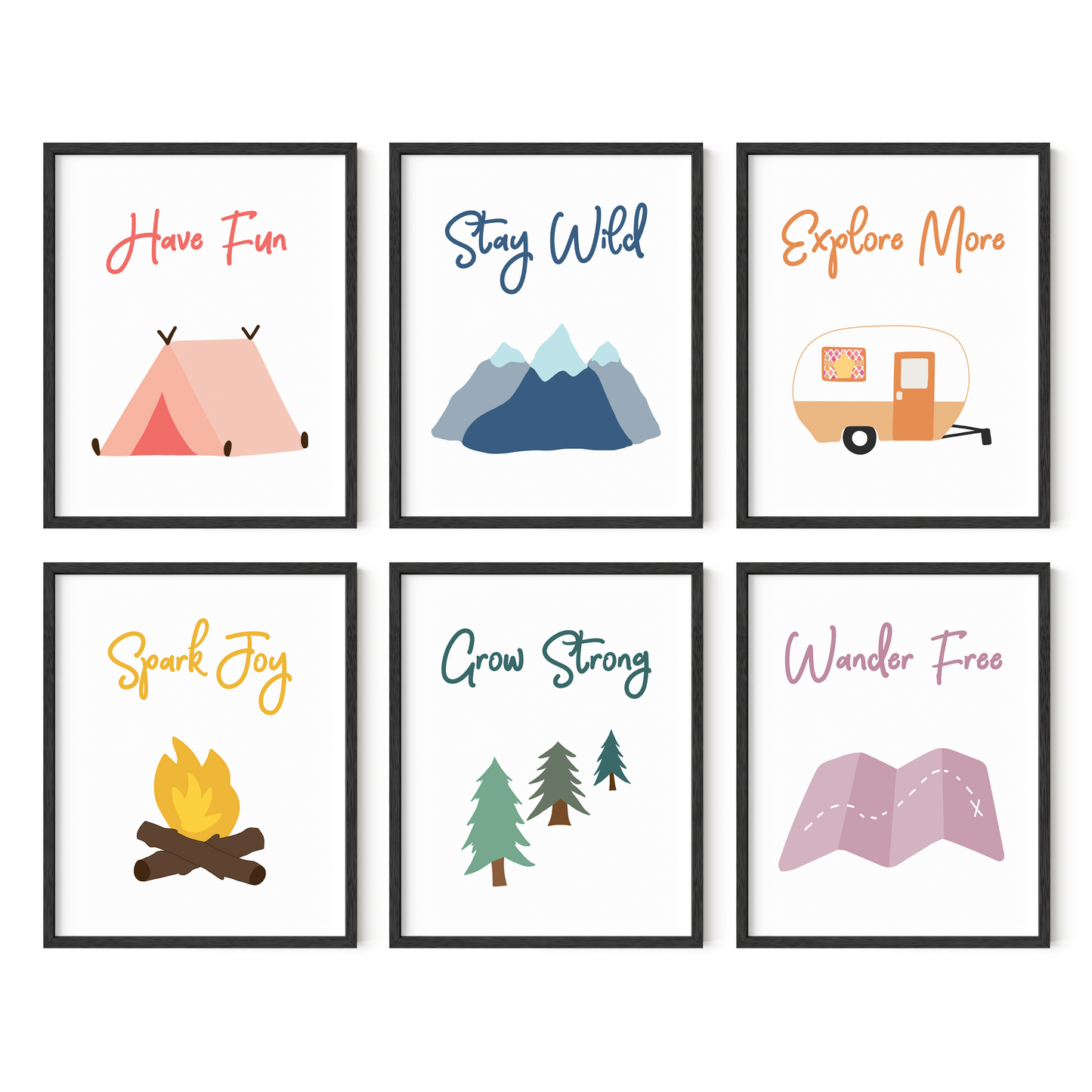 Set of six camping themed wall art for kids in black frames