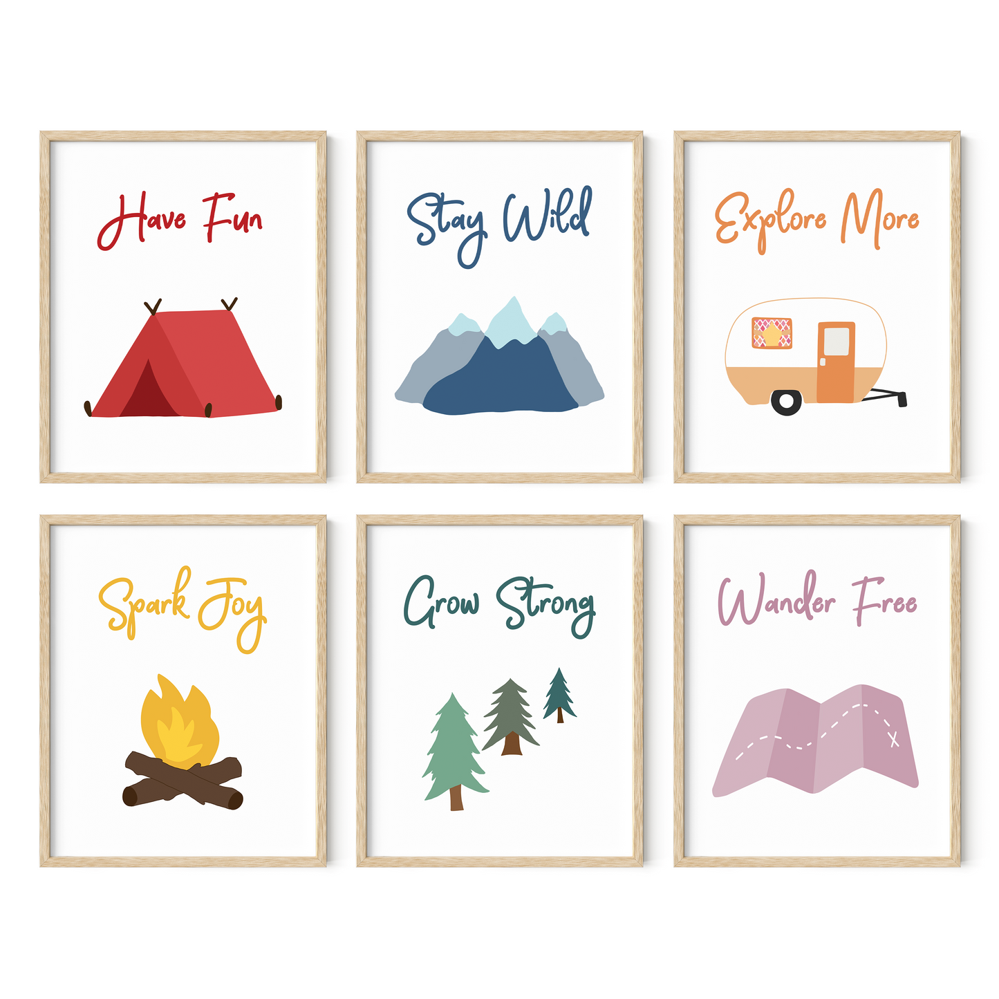 Set of 6 colorful adventure illustrations in light wood frames