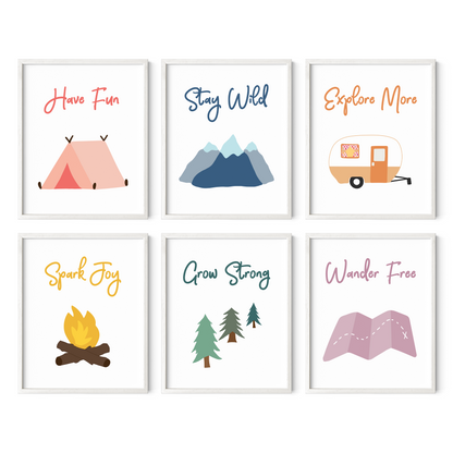 Colorful camping artwork set of 6 in white frames