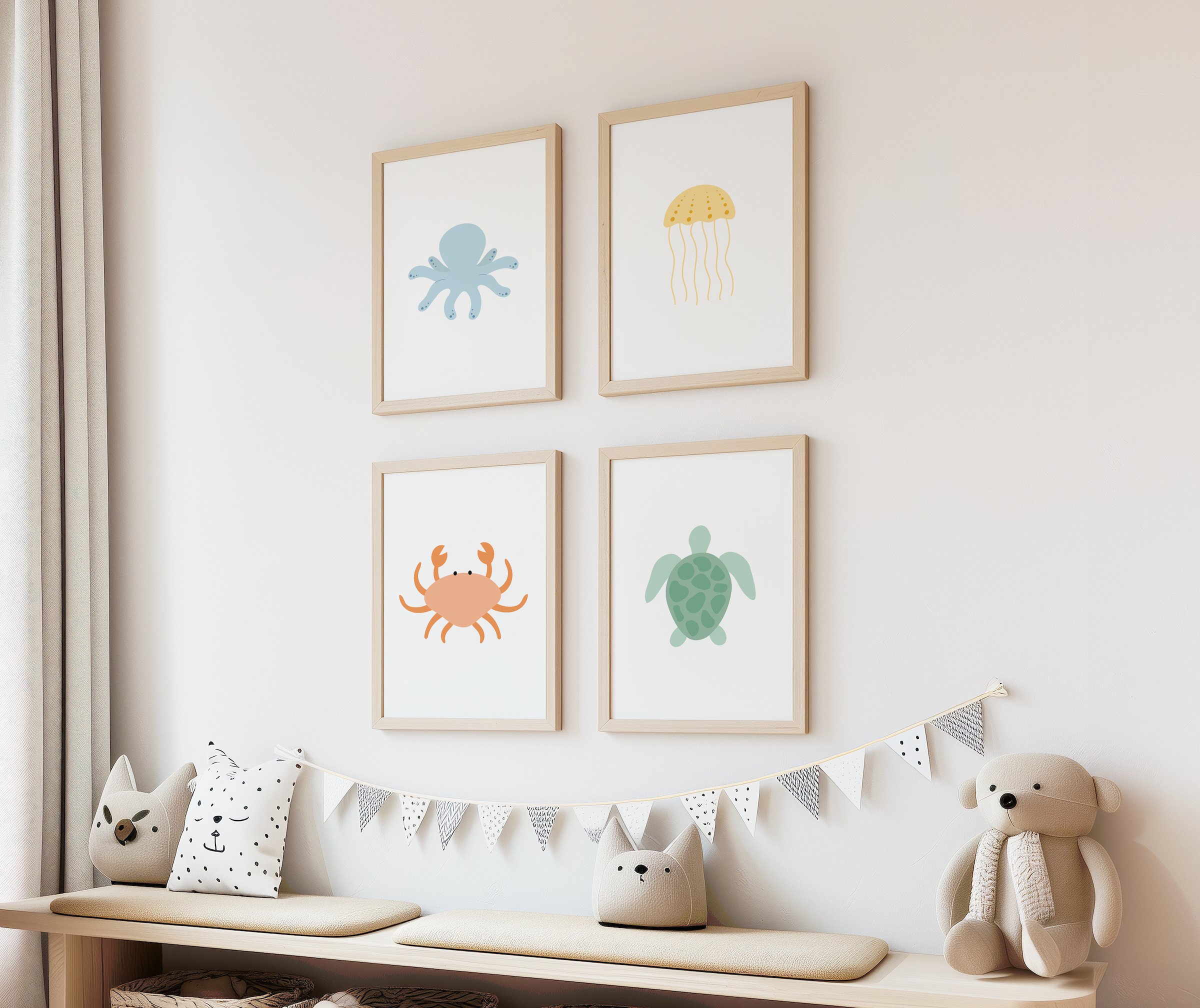 Colorful ocean animal wall art set for children
