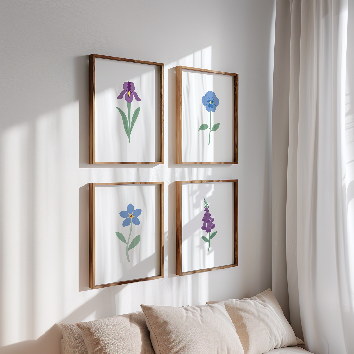 Blue and Purple Floral Art Prints (Set of 4)