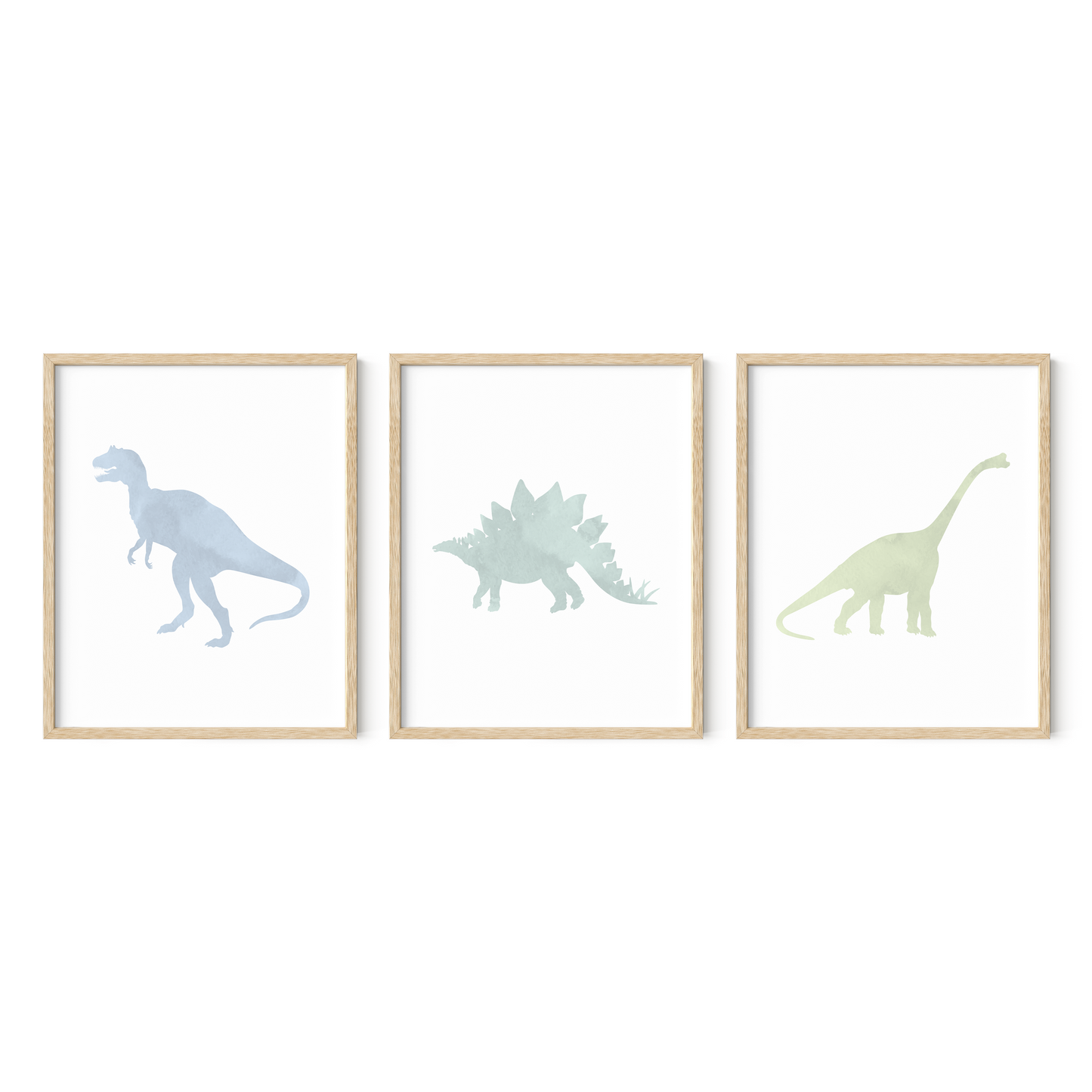 Dinosaur nursery wall art set in light wood frames