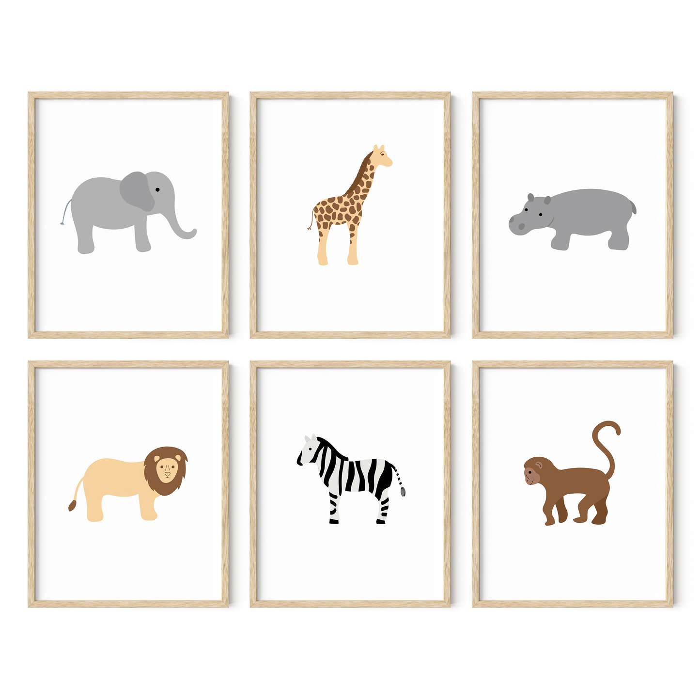 Elephant, Giraffe, Hippo, Lion, Zebra, and Monkey wall art in light wood frames