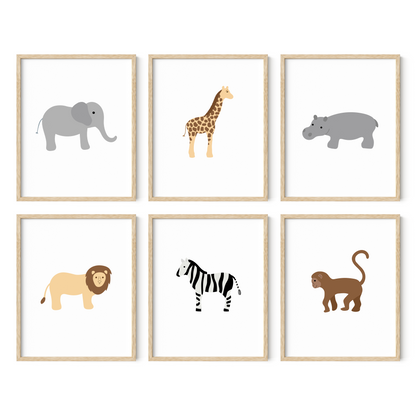 Elephant, Giraffe, Hippo, Lion, Zebra, and Monkey wall art in light wood frames