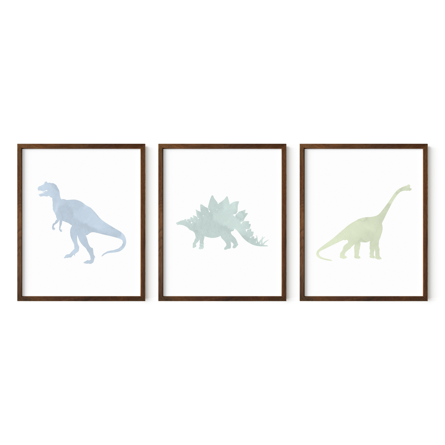 Set of 3 blue and green dinosaur art prints in dark wood frames