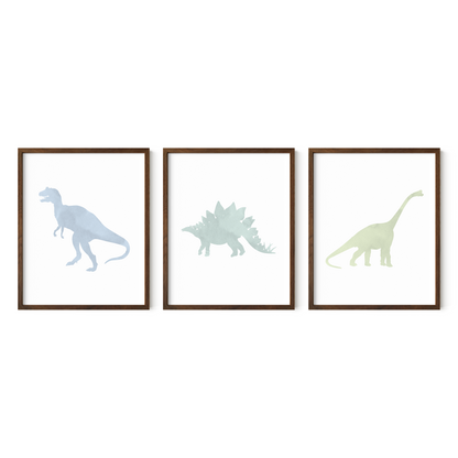 Set of 3 blue and green dinosaur art prints in dark wood frames