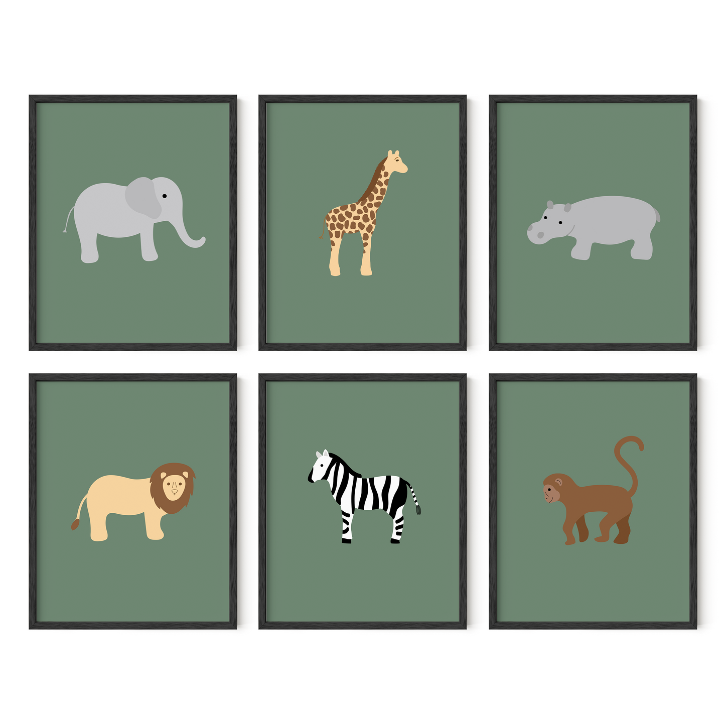 Framed safari themed wall art set with green background