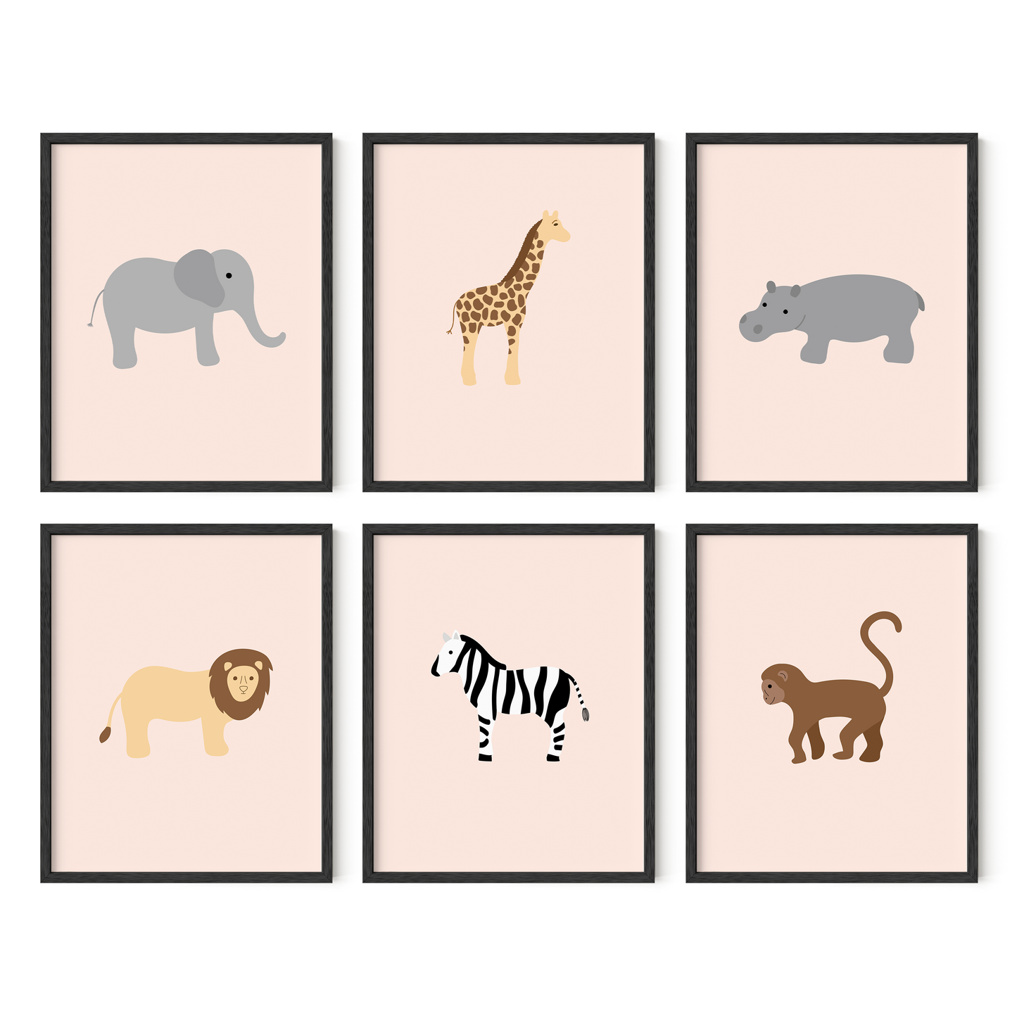 Giraffe, Monkey, Zebra, Lion, Hippo, and Elephant nursery artwork set framed