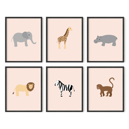 Giraffe, Monkey, Zebra, Lion, Hippo, and Elephant nursery artwork set framed