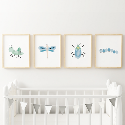 Grasshopper, dragonfly, beetle, and caterpillar nursery artwork above crib