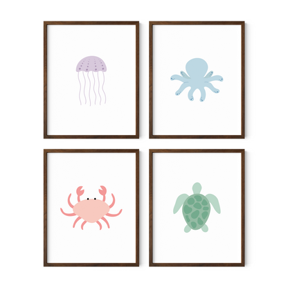 Jellyfish octopus crab and sea turtle nursery artwork in dark wood frames