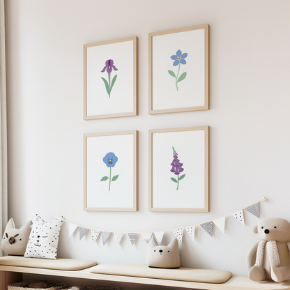 Blue and Purple Floral Art Prints (Set of 4)