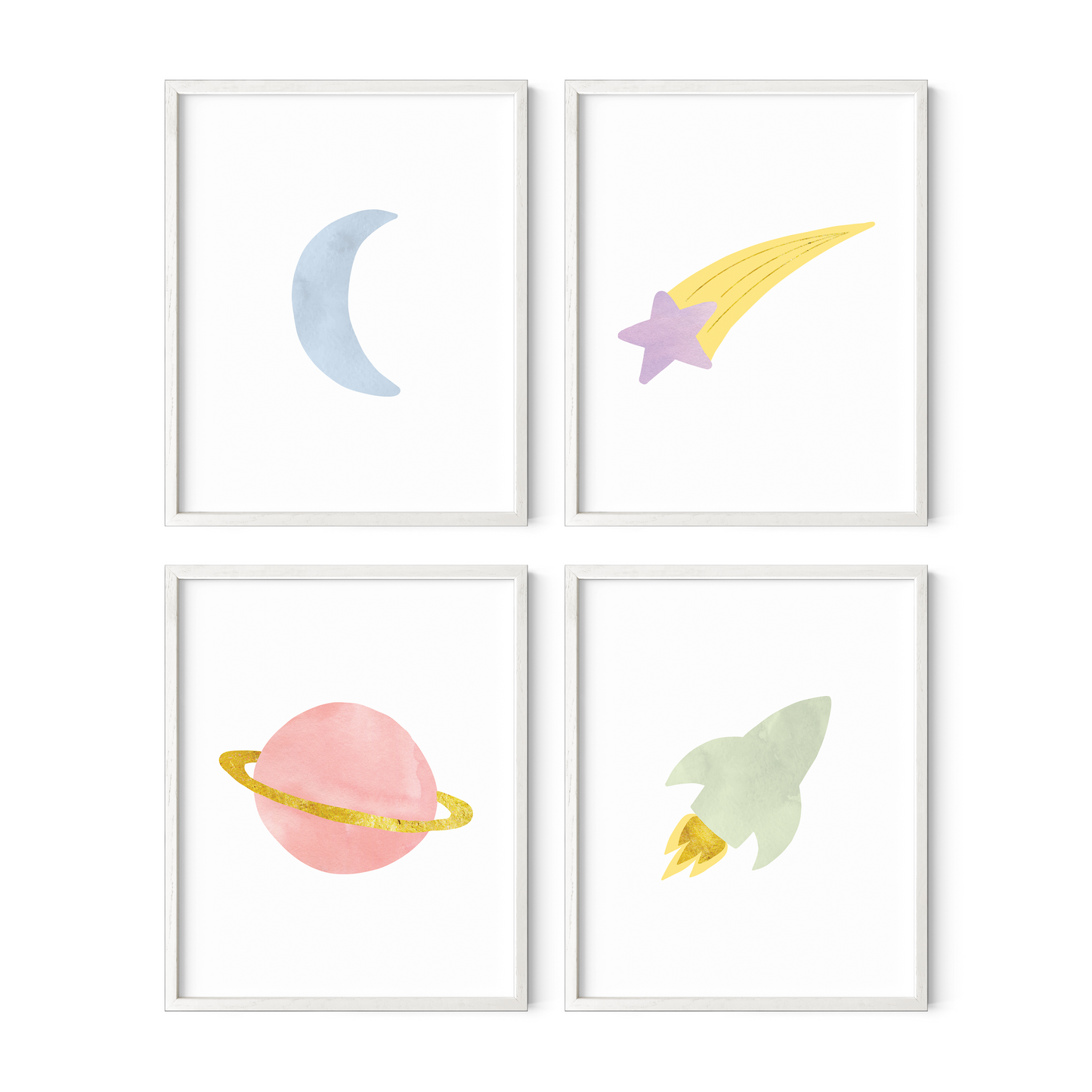 Moon and star nursery wall art in white frames