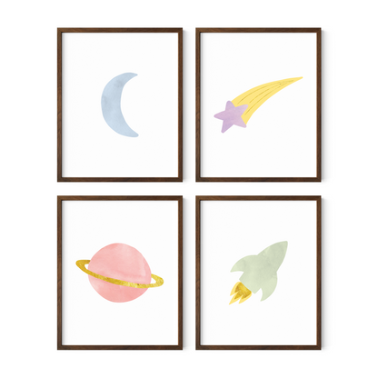 Moon star planet and rocket nursery wall art in walnut frames