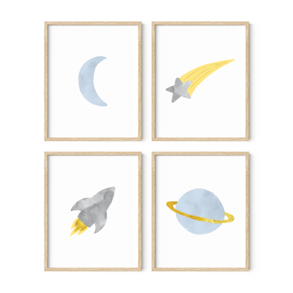Moon, star, rocket, and planet wall art set in light wood frames