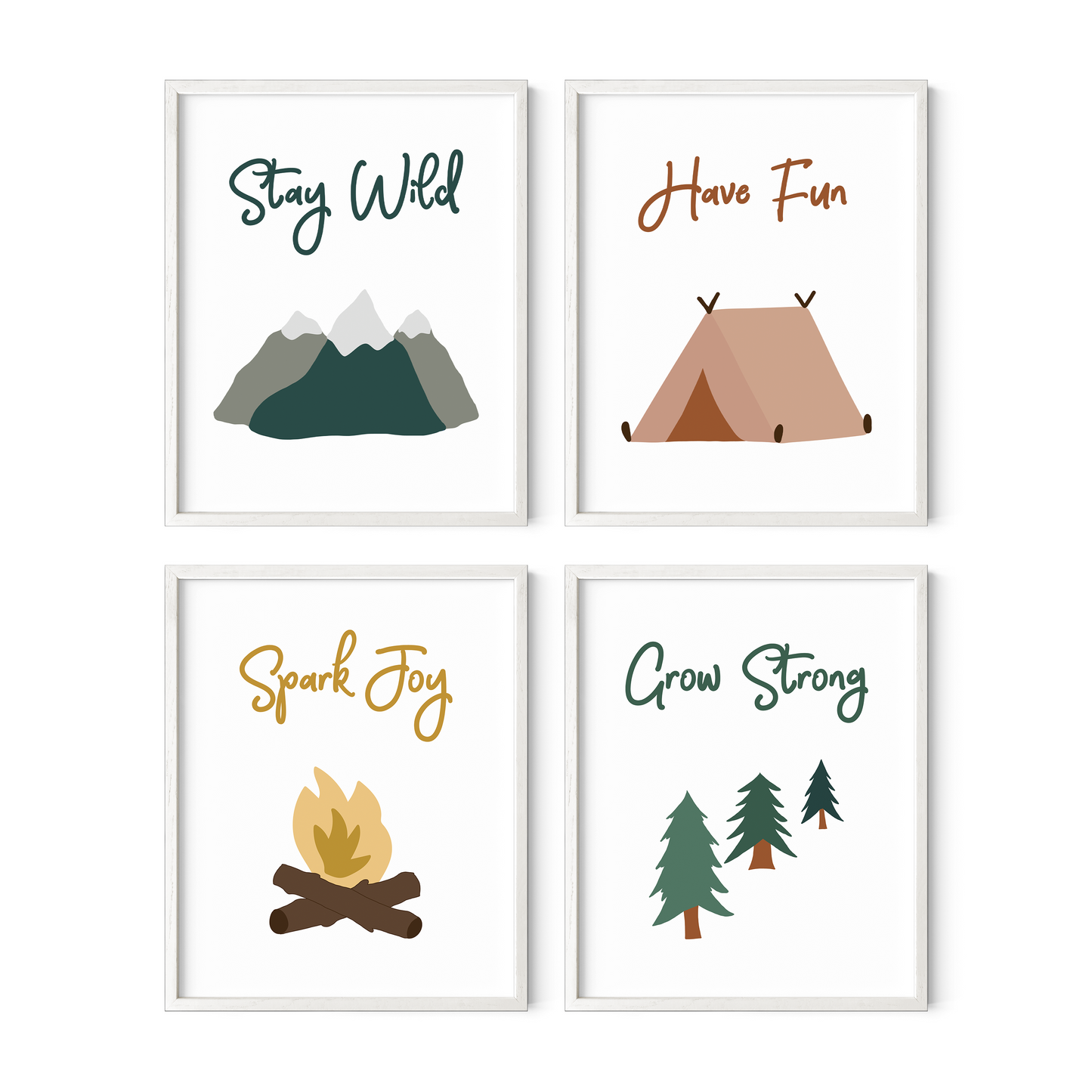 Mountain tent campfire and forest wall art in white frames