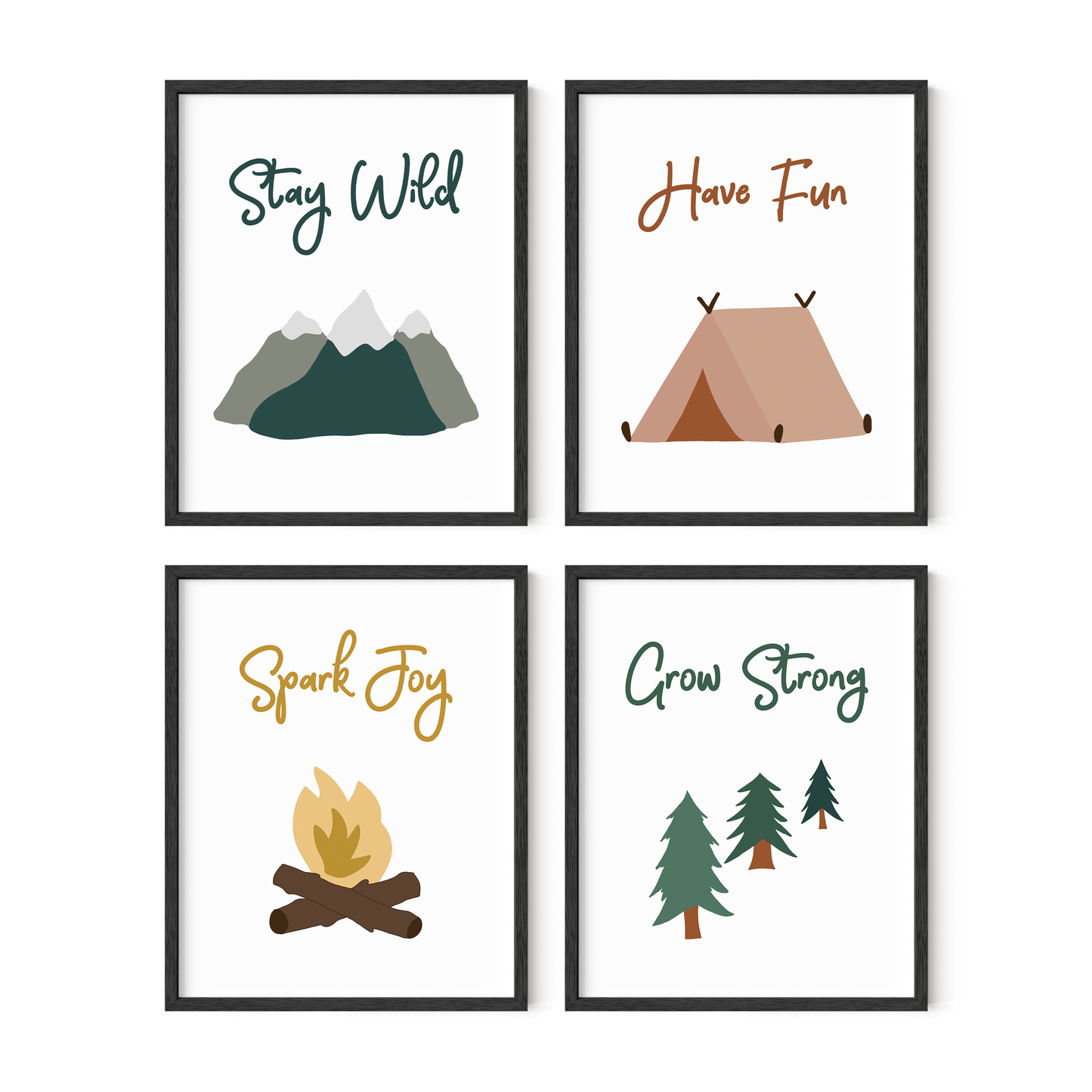 Neutral color camping wall art in black frames