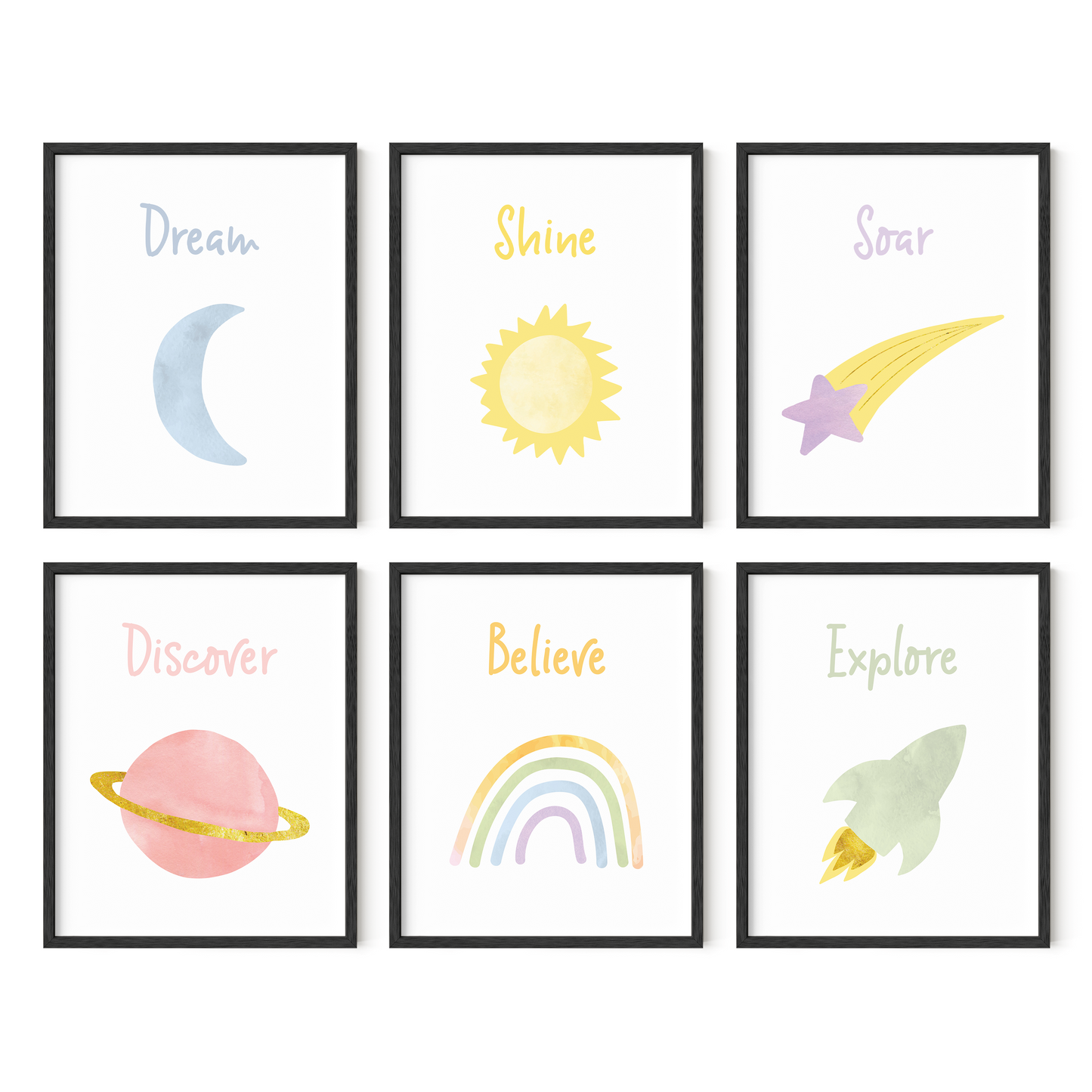 Outer space nursery wall art set of six in black frames