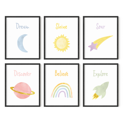 Outer space nursery wall art set of six in black frames