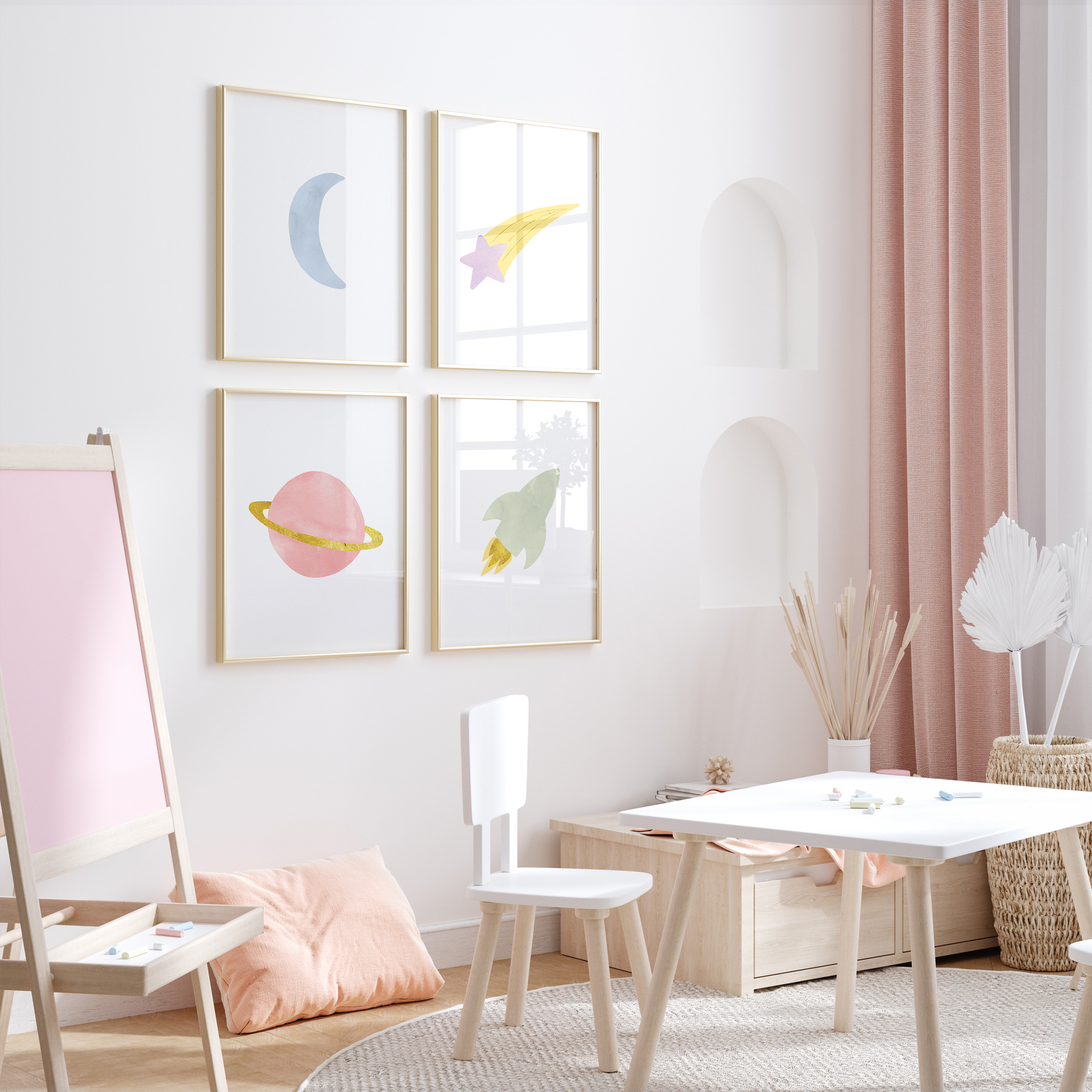 Pastel outer space wall art in girl's bedroom