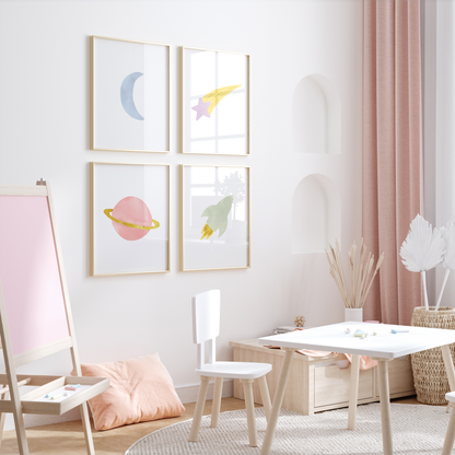 Pastel outer space wall art in girl's bedroom