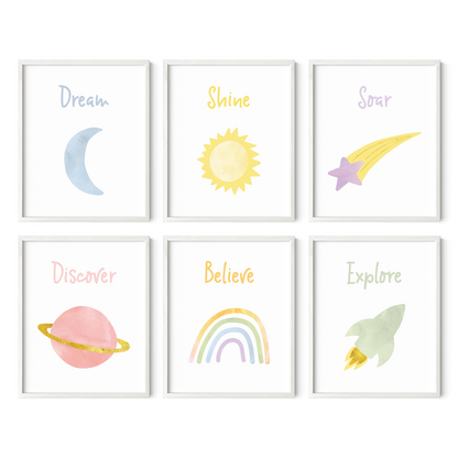 Pastel space themed nursery wall art in white frames