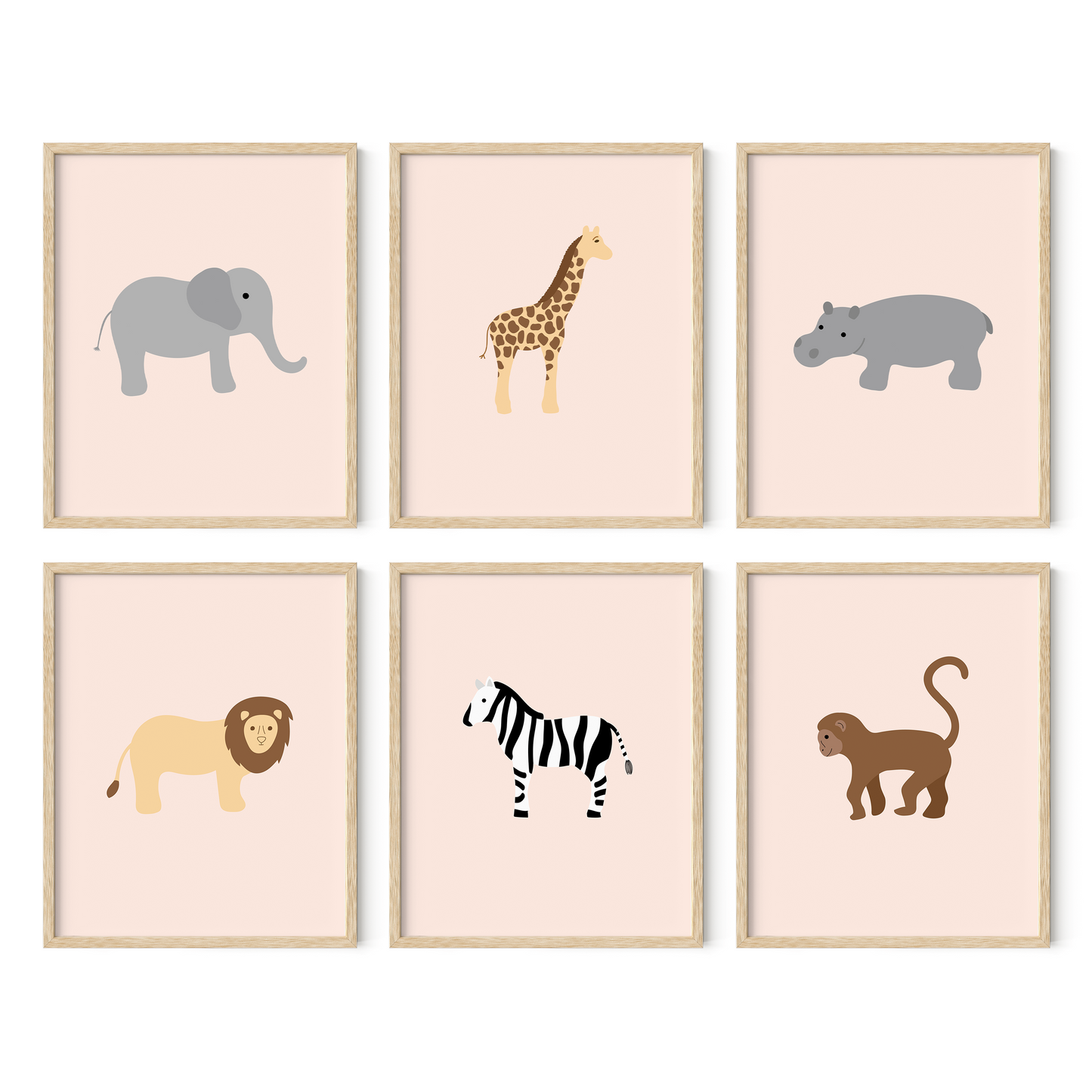 Pink safari themed nursery wall art set of six in light wood frames