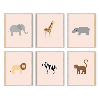 Pink safari themed nursery wall art set of six in light wood frames
