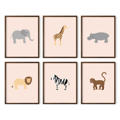 Pink safari themed nursery wall art set of six in walnut frames
