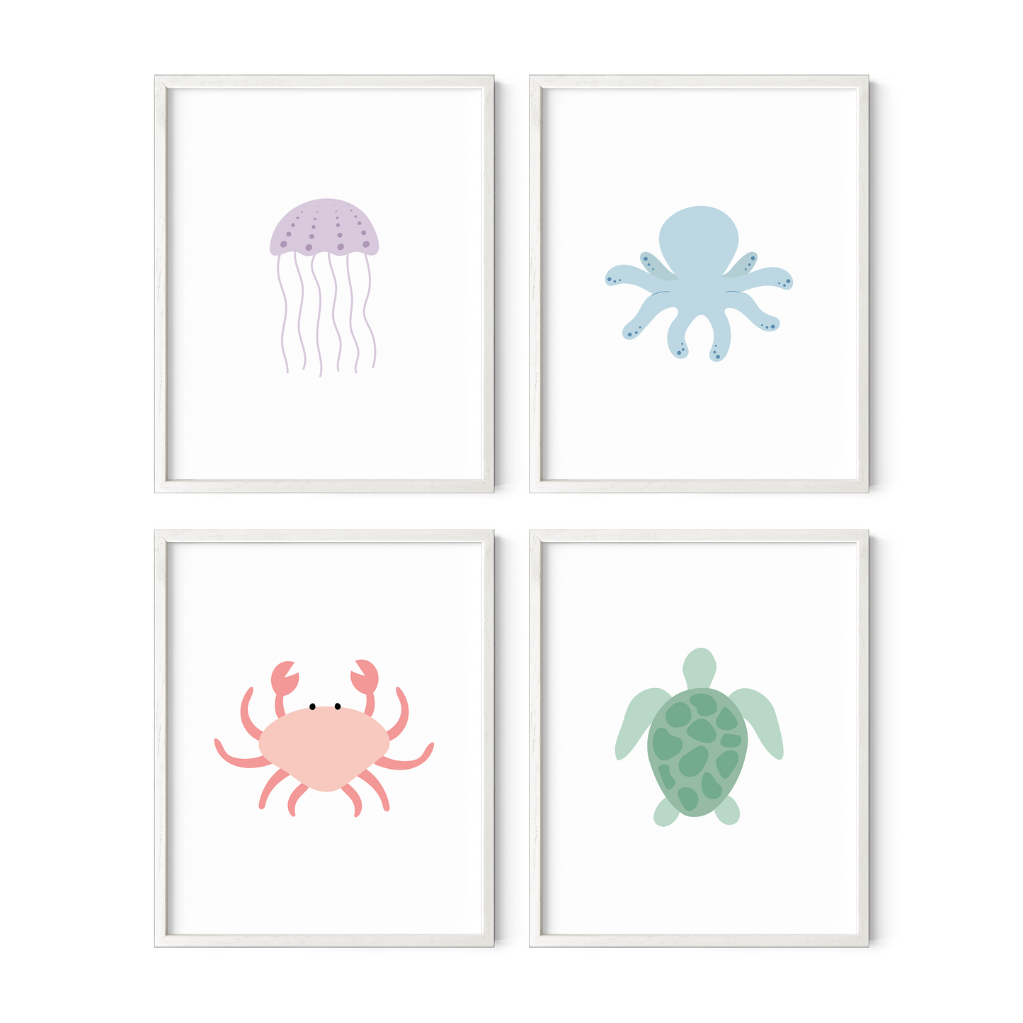 Purple pink blue and green ocean nursery art print set of four framed