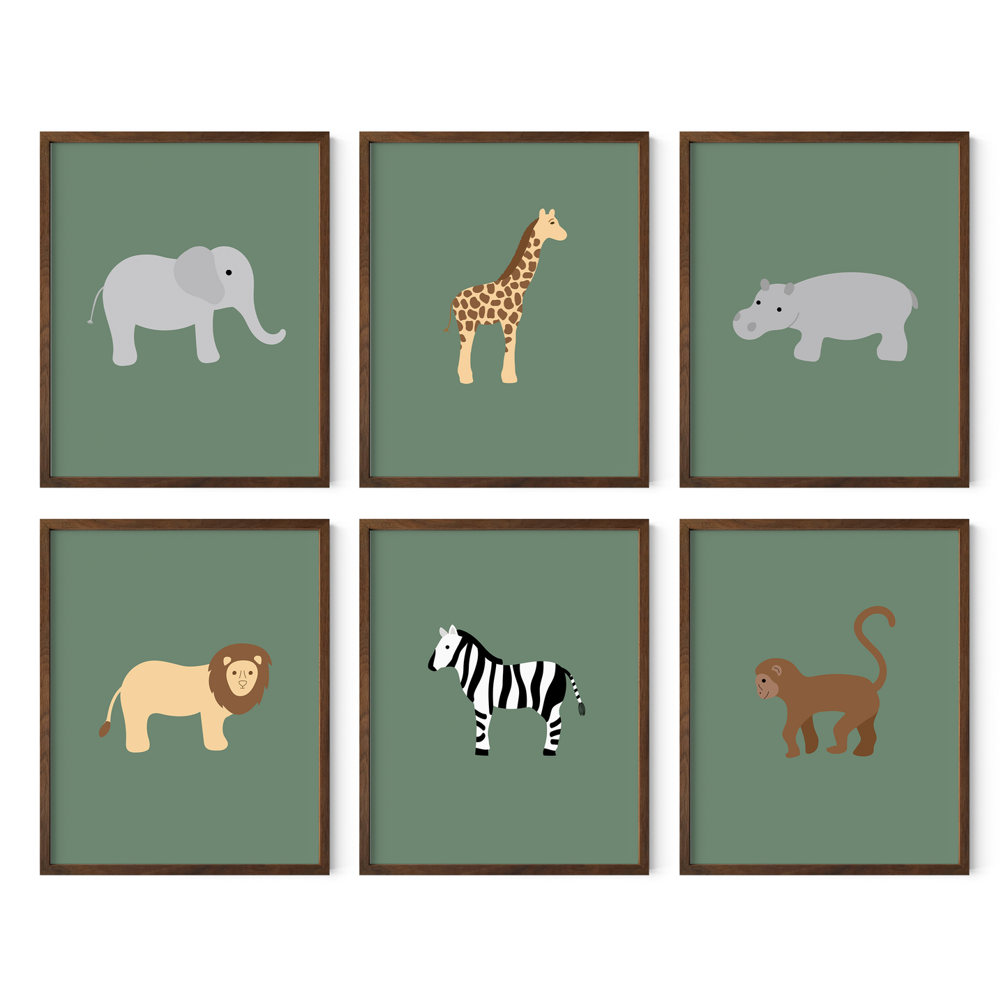 Safari animal nursery art with green background in dark wood frames